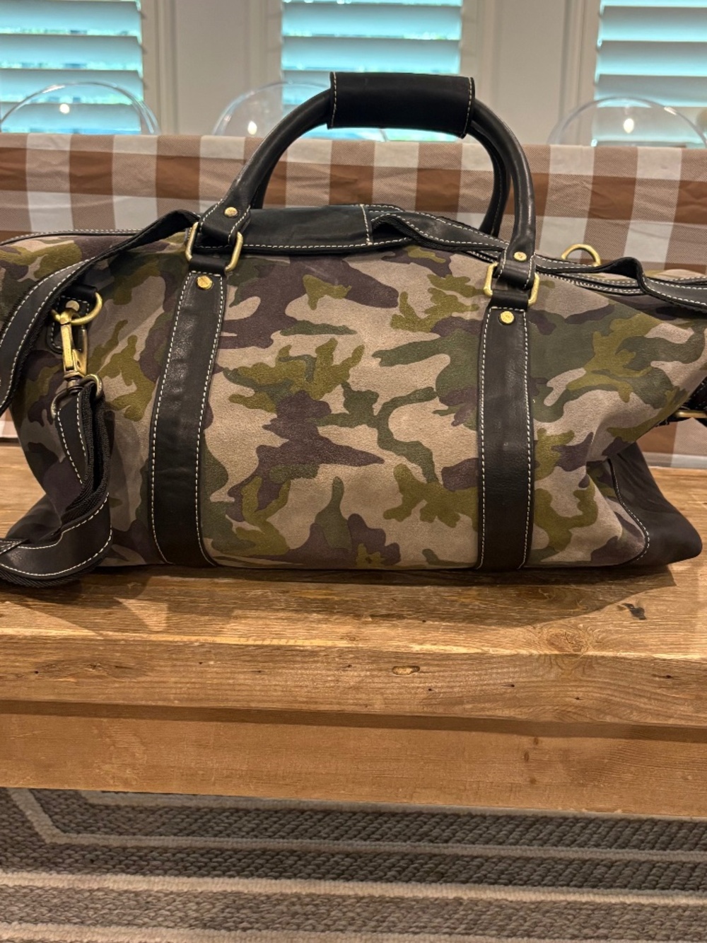 FH Wadsworth Green Camo Leather Weekender Duffel Bag Luxury Travel Carry On